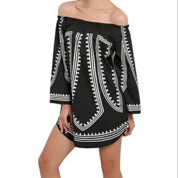 💚5/$25 Sexy Off Shoulder Boho Long Sleeve Print Mini Dress-Black Size Small - Picture 4 of 7